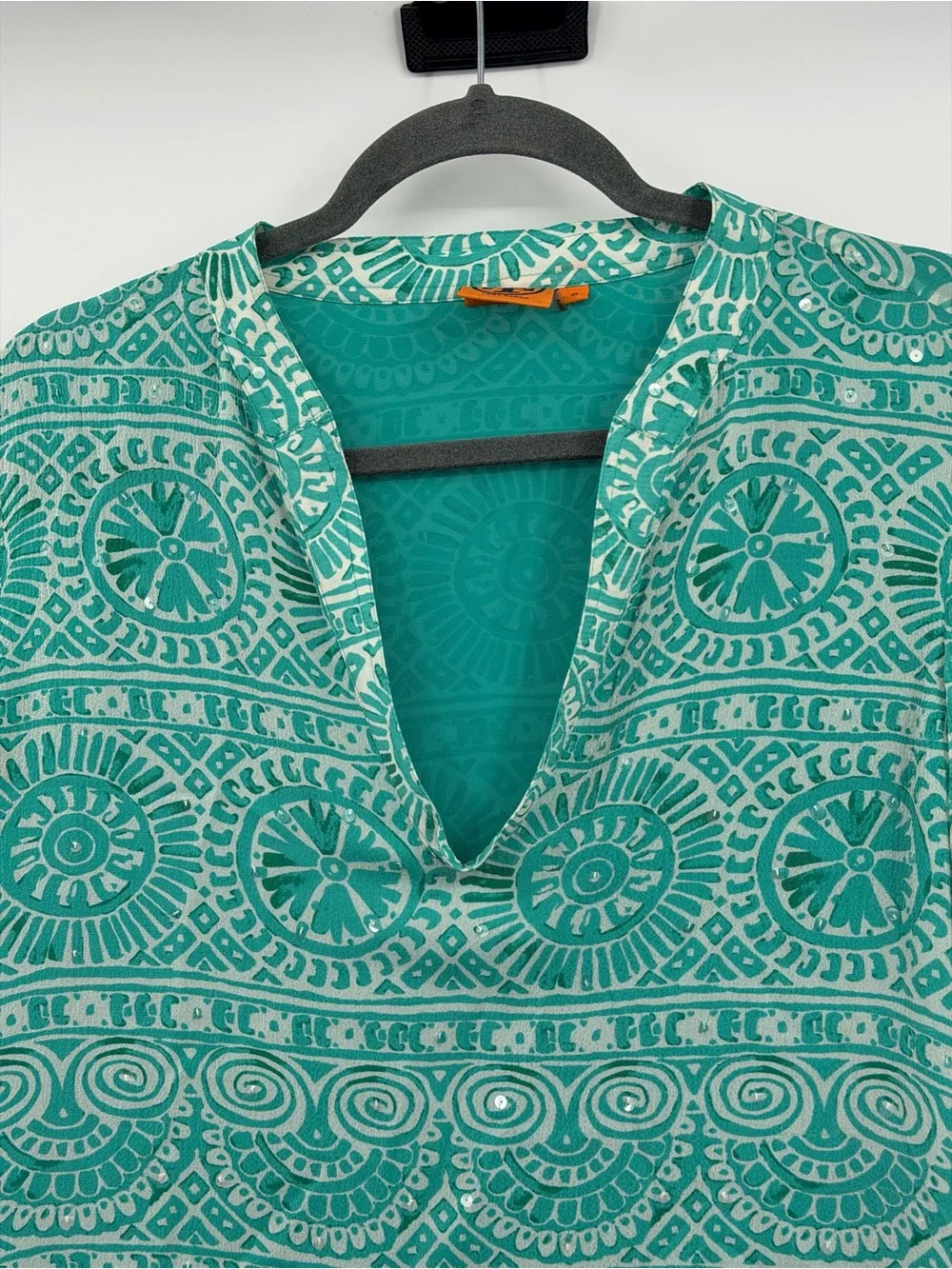 Tory Burch Silk Tunic Blouse Teal Ivory Sequin Print Size 10